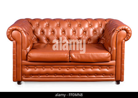 Vintage leather couch isolated on white with clipping path Stock Photo