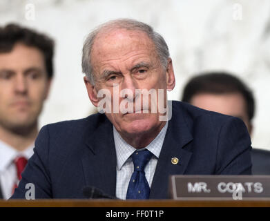 Washington, District of Columbia, USA. 9th Feb, 2016. United States Senator Dan Coats (Republican of Indiana) listens as witnesses are questioned during an open hearing held by the US Senate Select Committee on Intelligence to examine worldwide threats on Capitol Hill in Washington, DC on Tuesday, February 9, 2016. Credit:  ZUMA Press, Inc./Alamy Live News Stock Photo