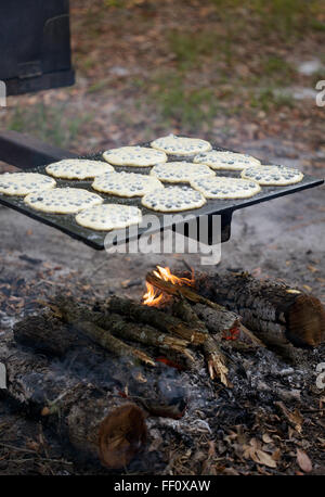 A dozen blueberry pancakes cooking on a grill over a campfire. Stock Photo