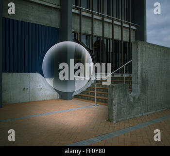 Sphere floating over city stairs Stock Photo