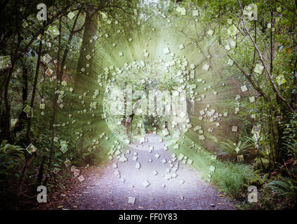 Digital globe exploding in forest Stock Photo