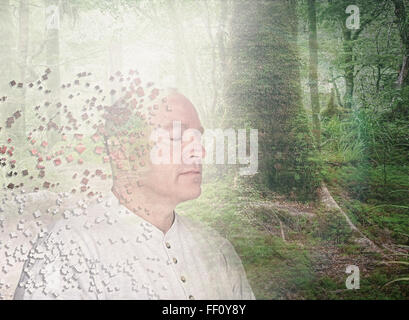 Pixelated Caucasian man in forest