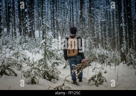 Caucasian hiker carrying firewood in snowy forest Stock Photo