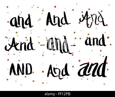 Calligraphy Greeting Card with Set of Prepositions And. Hand Drawn and Handwritten Design Elements on Dot Background. Stock Vector