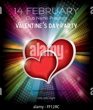 Happy Valentines Day Party Flyer Design Template on Rainbow Background. Vector Illustration. Club Flyer Concept Stock Vector