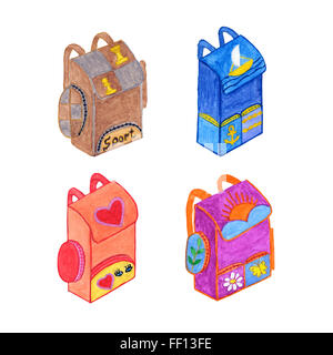 Set of watercolor backpacks isolated on white background. Education concept. Hand drawn set of school backpacks. Stock Photo