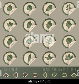 deciduous tree leaf icon vector set in stamp shape, with choosable colors and shapes Stock Vector