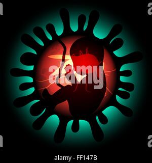 zika virus infection and pregnancy illustration with embryo and mosquitoes Stock Vector