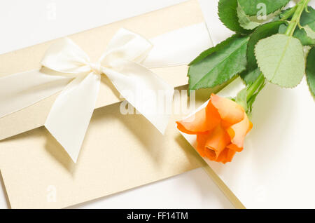 orange rose rose with blank card Stock Photo