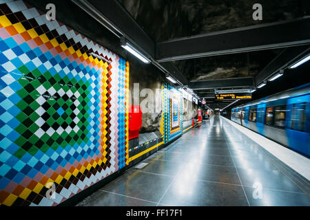 STOCKHOLM, SWEDEN - JULY 30, 2014: Modern Stockholm Metro Train Station in Blue colors, Sweden. Underground Stock Photo