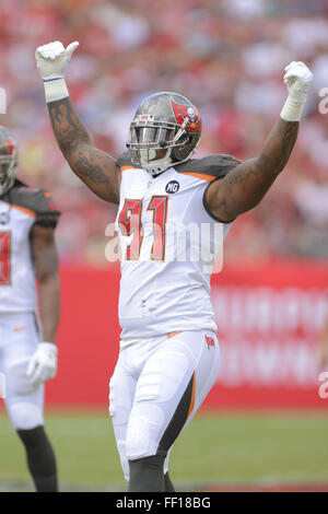 Tampa Bay Buccaneers defensive end Da'Quan Bowers (91) returns a fumble  against the Washington Redskins during the first quarter of their preseason  game at FedEx Field in Landover, MD, Thursday, September 1