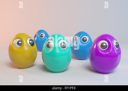 Scared reflected eggs characters with different colors and white background. funny eggs as a cartoon 3d characters Stock Photo