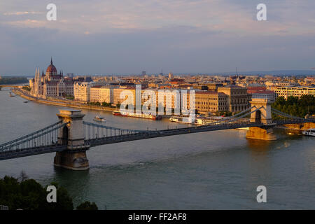 View of Pest, the Danube River and the Chain bridge (Szechenyi hid), from Buda Castle, Budapest, Hungary, Europe Stock Photo