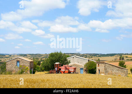 Agricultural machinery working in a wheat field , Catalonia , Spain Stock Photo