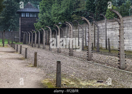 Watchtower and electric fence at Auschwitz I, Oswiecim, Poland. Stock Photo