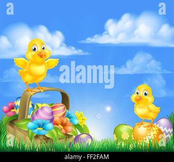 Cartoon Easter Chicks baby chicken birds, chocolate painted Easter Eggs, spring flowers and Easter basket in a field with sun ri Stock Photo