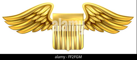 A winged gold golden metallic shield heraldic heraldry coat of arms design with United States flag stripes Stock Photo
