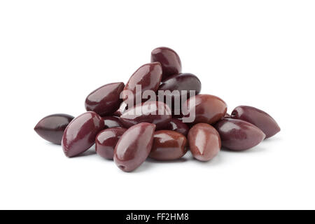 Heap of black Calamata olives on white background Stock Photo