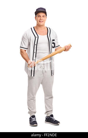 Full length portrait of a male baseball player holding a baseball bat and looking at the camera isolated on white background Stock Photo