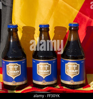 Bottles of Chimay Blue beer from Belgium. The Trappist ale is brewed at Scourmont Abbey. Stock Photo