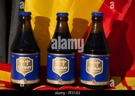 Bottles of Chimay Blue beer from Belgium. The Trappist ale is brewed at Scourmont Abbey. Stock Photo