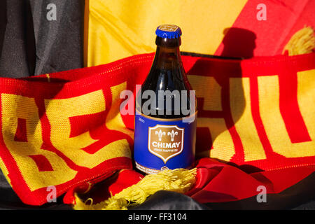 A bottle of Chimay Blue beer from Belgium. The Trappist ale is brewed at Scourmont Abbey. Stock Photo