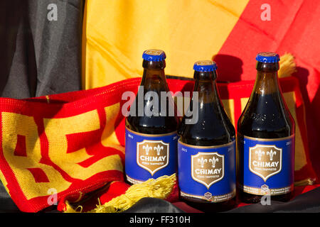 Bottles of Chimay Blue beer from Belgium. The Trappist ale is brewed at Scourmont Abbey. Stock Photo