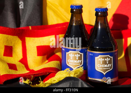 Bottles of Chimay Blue beer from Belgium. The Trappist ale is brewed at Scourmont Abbey. Stock Photo