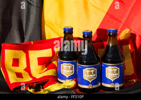 Bottles of Chimay Blue beer from Belgium. The Trappist ale is brewed at Scourmont Abbey. Stock Photo