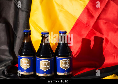 Bottles of Chimay Blue beer from Belgium. The Trappist ale is brewed at Scourmont Abbey. Stock Photo