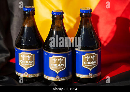 Bottles of Chimay Blue beer from Belgium. The Trappist ale is brewed at Scourmont Abbey. Stock Photo