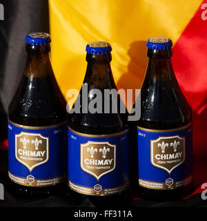 Bottles of Chimay Blue beer from Belgium. The Trappist ale is brewed at Scourmont Abbey. Stock Photo