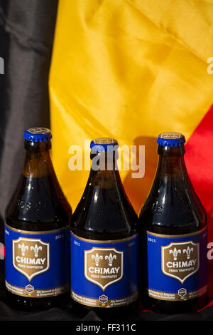 Bottles of Chimay Blue beer from Belgium. The Trappist ale is brewed at Scourmont Abbey. Stock Photo