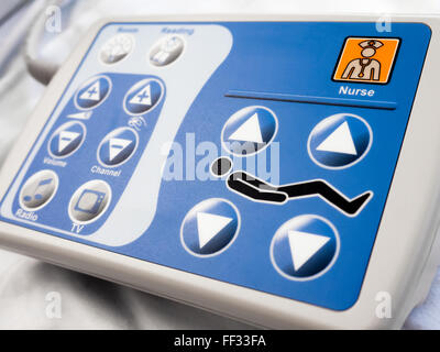 Hospital bed remote control panel for making bed adjustments and contacting the nurse Stock Photo