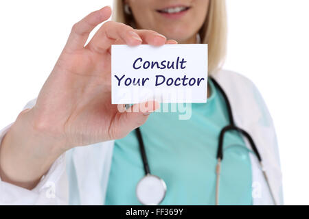 Ask consult your doctor nurse ill illness healthy health check-up screening with sign Stock Photo