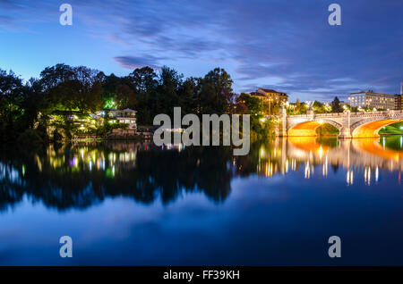 Turin (Torino), night view on river Po