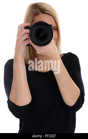 Photographer young woman photography photos with camera occupation hobby isolated on a white background Stock Photo