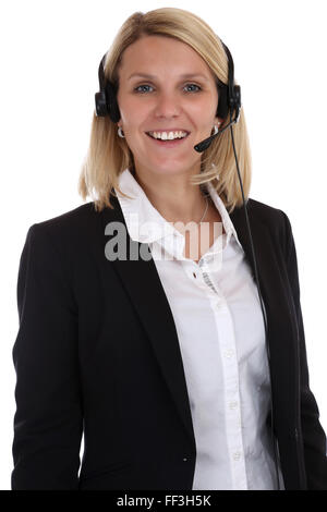 Smiling woman with headset telephone phone call center secretary business isolated on a white background Stock Photo