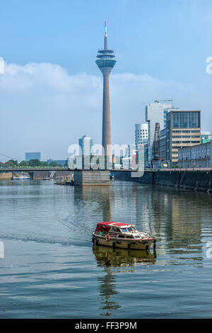 Modern Office buildings and Rhein Tower, Media Harbour, Dusseldorf, North Rhine Westphalia, Germany Stock Photo