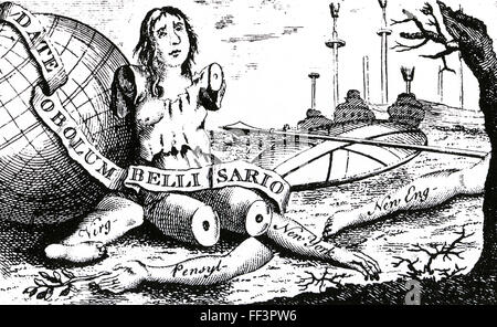 BENJAMIN FRANKLIN (1706-1790) American statesman. His cartoon 'Magna Britannia: her Colonies Reduc'd' shows a blinded and dismembered Brittania suffering the same fate as the Byzantine General Belisarius. Stock Photo