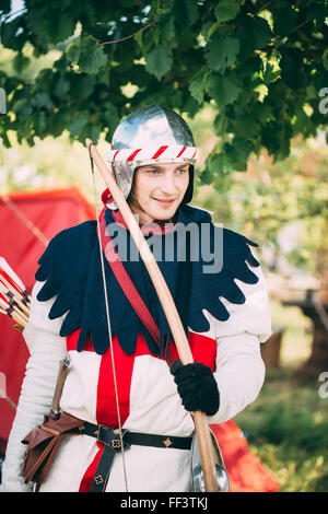 MINSK - JUL 19: Warrior Knight participant of VI festival of medieval culture 'Our Grunwald', dedicated to 604 anniversary of Ba Stock Photo