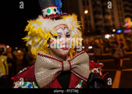 Characters, dancers and floats at the opening parade of the Carnaval de Santa Cruz de Tenerife. Thousands of people in groups of Stock Photo