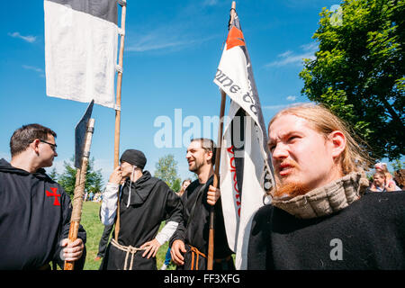 MINSK - JUL 19: Warriors participants of VI festival of medieval culture 'Our Grunwald', dedicated to 604 anniversary of Battle Stock Photo