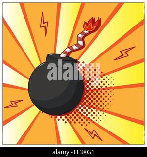 Bomb in pop art style on sun rays background Stock Vector