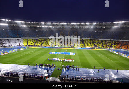 Panoramic view of Olympic stadium (NSC Olimpiysky) during Ukraine Championship game between FC Dynamo Kyiv and FC Shakhtar Stock Photo