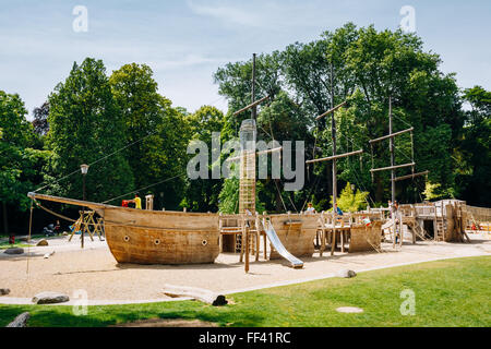 LUXEMBOURG, LUXEMBOURG - JUNE 17, 2015: Wooden pirate boat shaped child playground in park Stock Photo