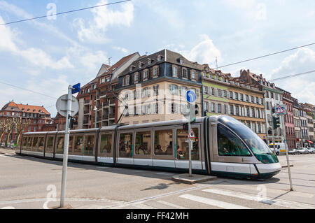 STRASBOURG, FRANCE - MAY 6, 2013: Modern tram (model Eurotram) on a street of Strasbourg, Alsace region, France. Current tramway Stock Photo