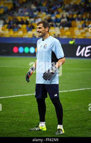 KYIV, UKRAINE - SEPTEMBER 16, 2015: Goalkeeper Iker Casillas of FC Porto trains before UEFA Champions League game against FC Dynamo Kyiv at NSC Olimpiyskyi stadium Stock Photo