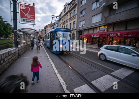 Tramcar at Obala Kulina Bana Street at Old Town of Sarajevo, Bosnia and Herzegovina Stock Photo