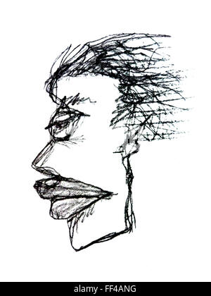 Pencil drawing technique raster illustration side view portrait of adult woman face with serious or angry expression in black co Stock Photo